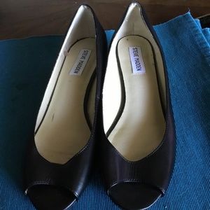 Black leather Steve Madden open toe  low wedges size 7.5